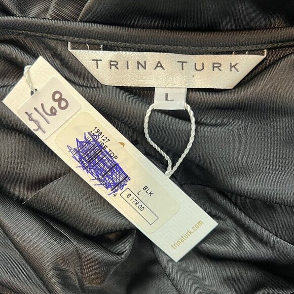 Trina Turk Molise Top Black Long Sleeve Cut Out Drape Neck Blouse Size Large NWT - Picture 8 of 11